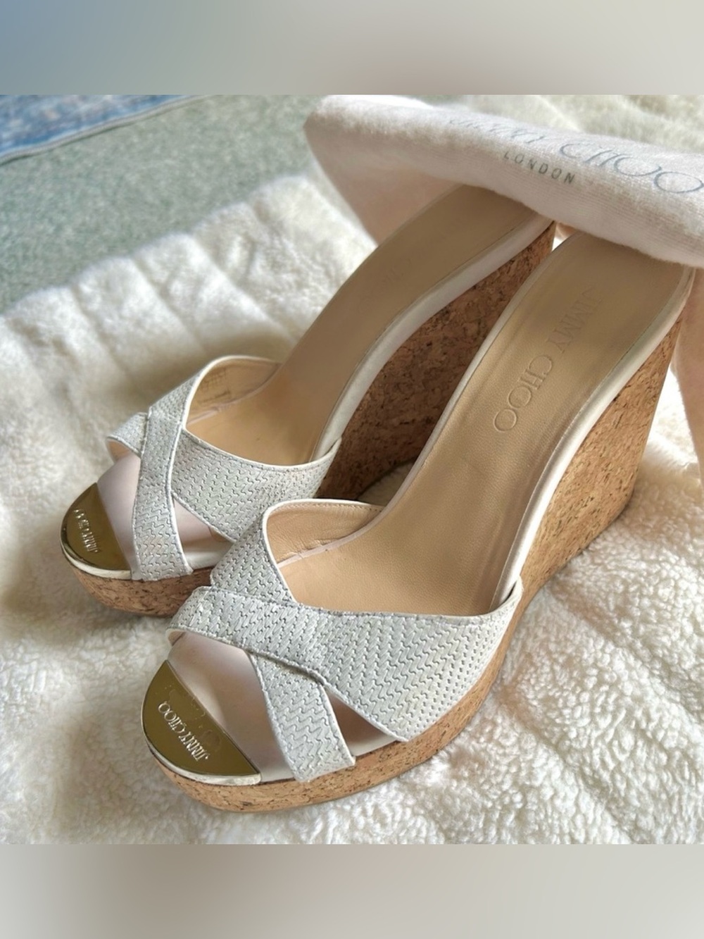 Jimmy Choo White Cork Platform Wedge Sandals